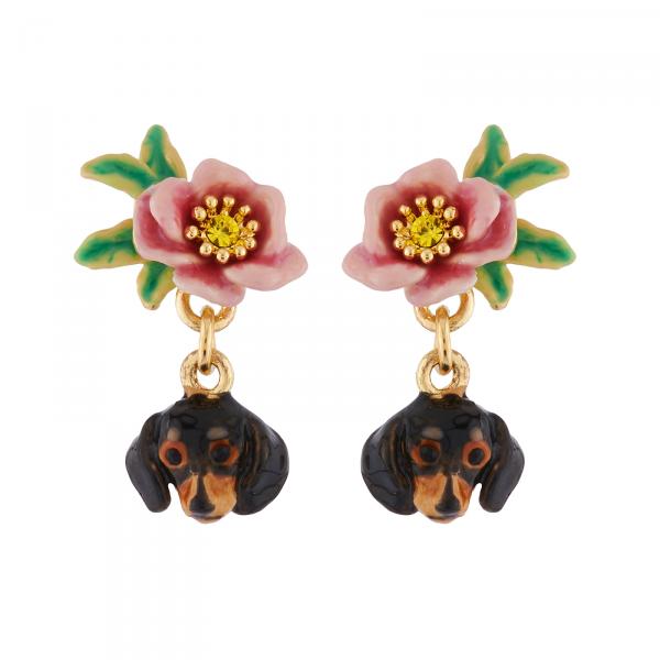 boucles-d-oreilles-clip-tete-de-teckel-et-petite-fleur